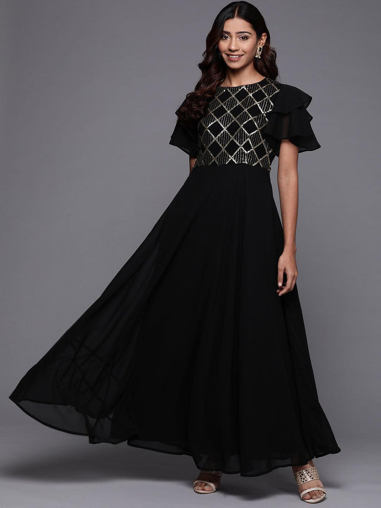 fit and flare georgette dress Women's Teal Round Neck Half Sleeve Self Design Fit & Flare Georgette Maxi  Dress