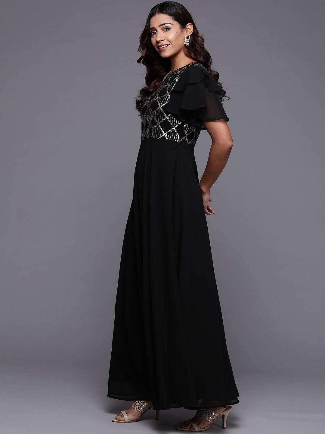 Black Embellished Georgette Fit and Flare Dress Black Embellished Georgette Fit and Flare Dress