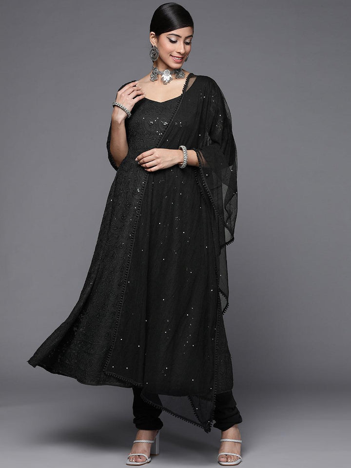 Black Embroidered Georgette Anarkali Suit Set - ShopLibas