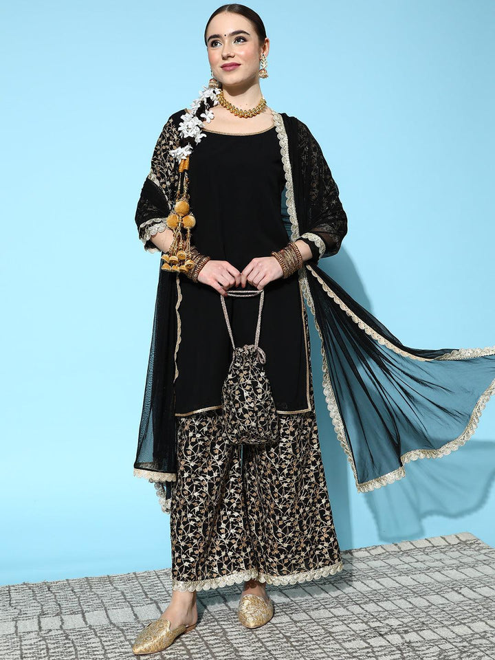 Black Embroidered Georgette Straight Suit Set With Palazzos and Potli