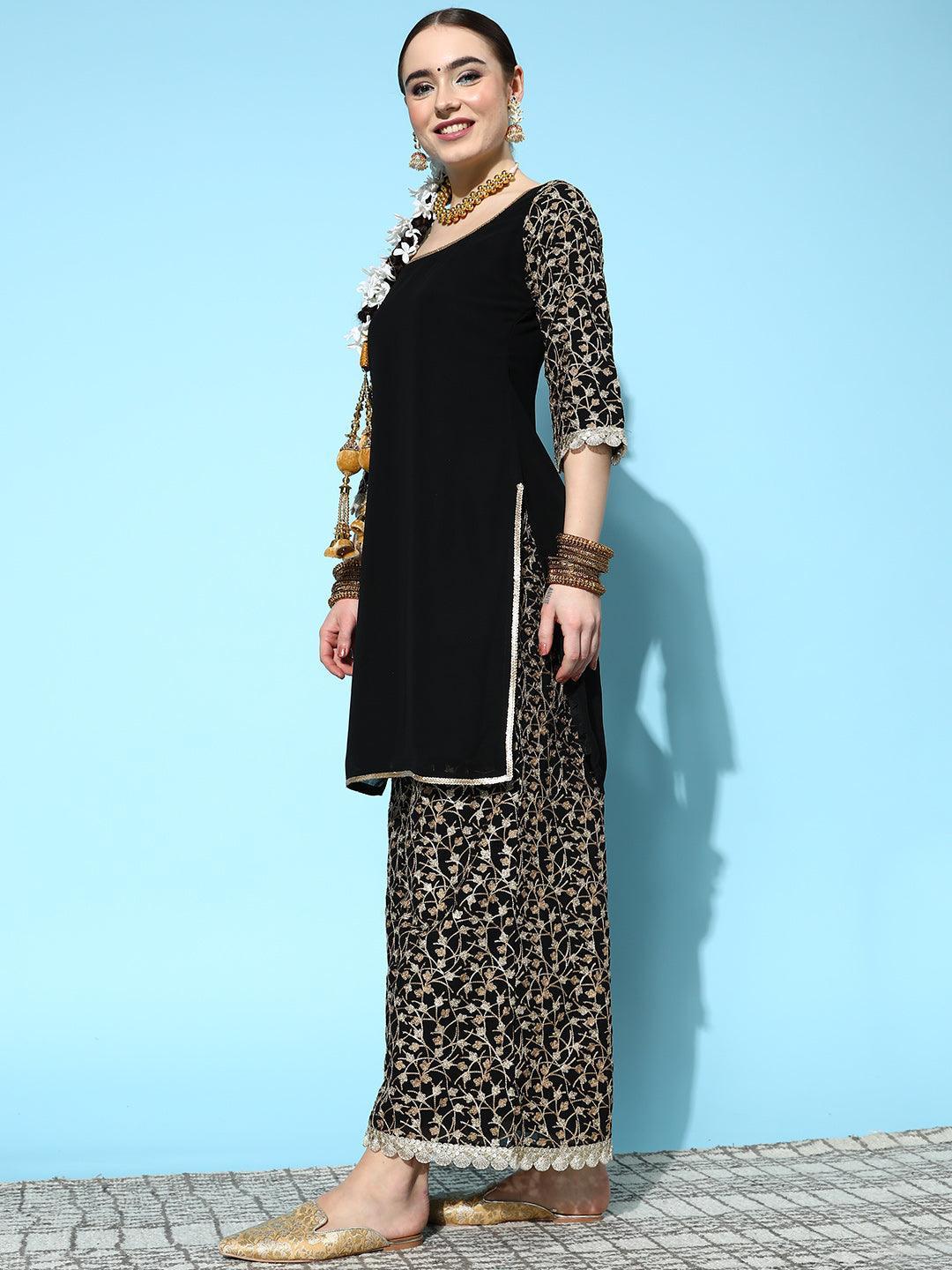Black Embroidered Georgette Straight Suit Set With Palazzos and Potli - ShopLibas 
