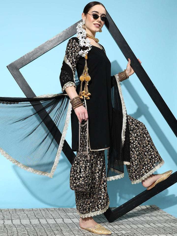 Black Embroidered Georgette Straight Suit Set With Palazzos and Potli