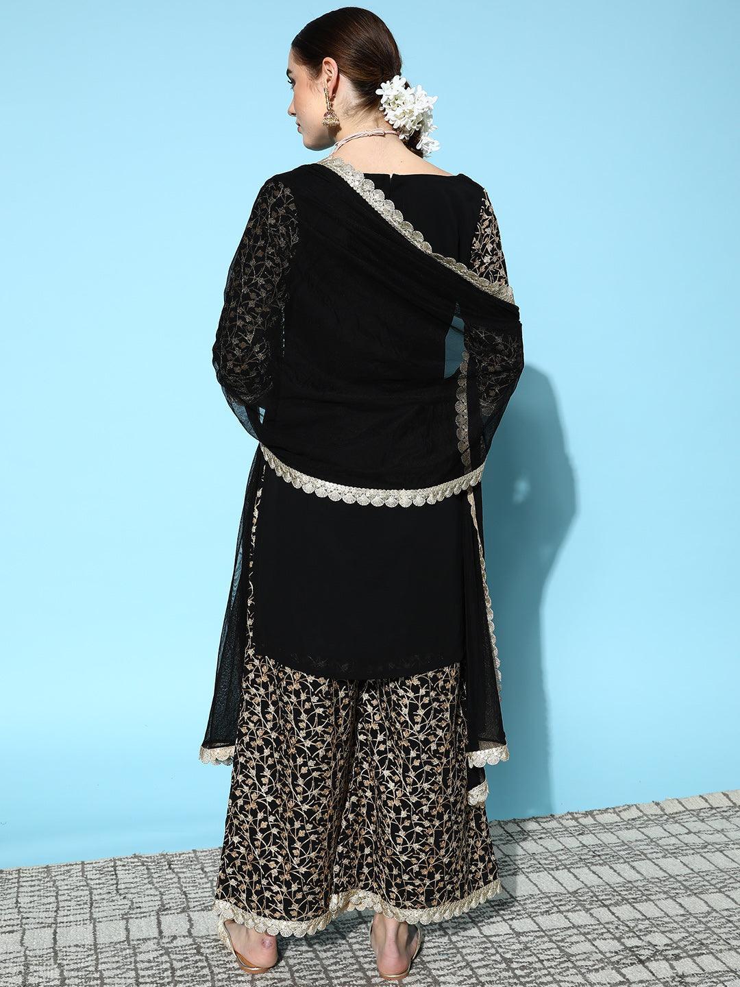 Black Embroidered Georgette Straight Suit Set With Palazzos and Potli - ShopLibas 