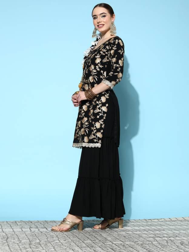 Black Embroidered Georgette Straight Suit Set With Sharara and Potli - ShopLibas