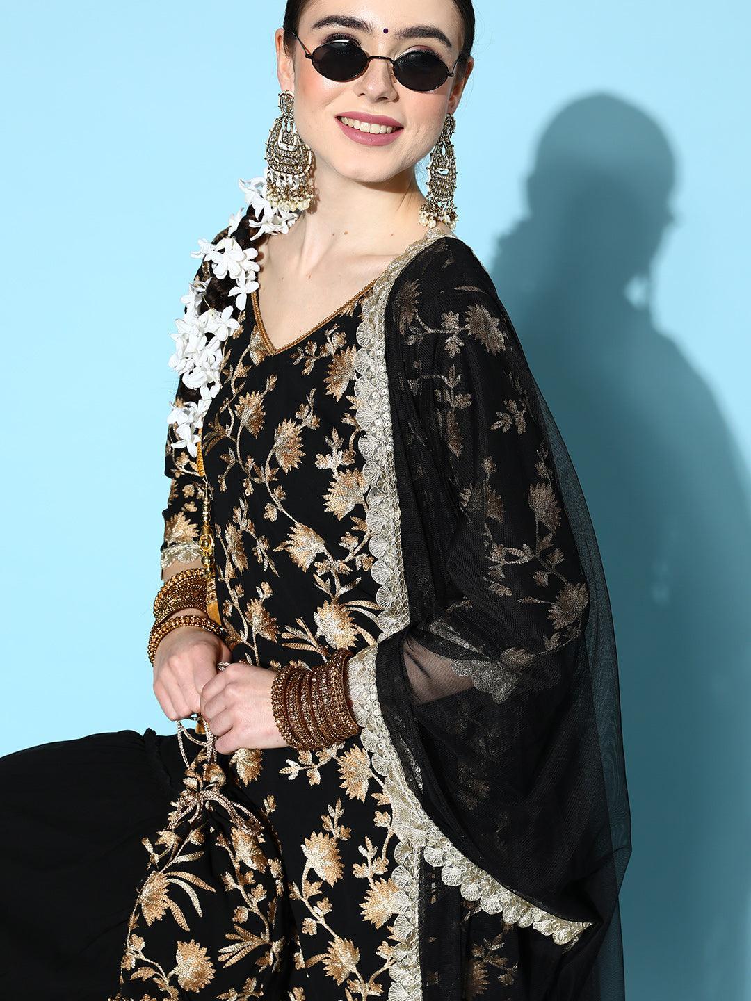 Black Embroidered Georgette Straight Suit Set With Sharara and Potli - ShopLibas