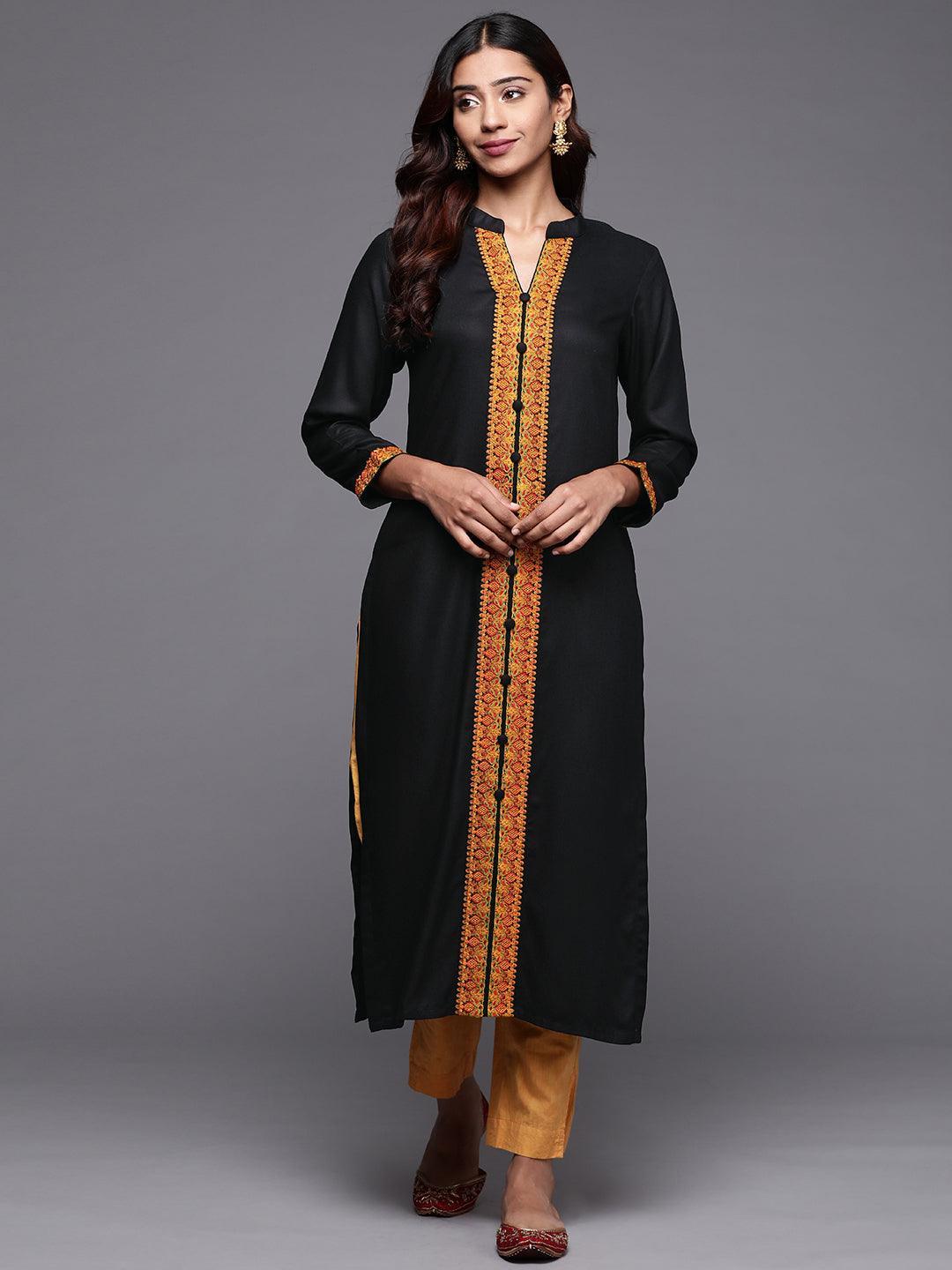 Black Embroidered Pashmina Wool Straight Kurta - Libas