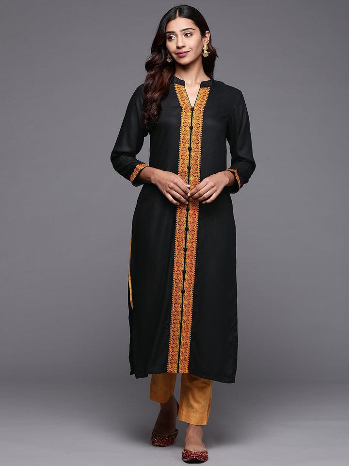 Black Embroidered Pashmina Wool Straight Kurta - Libas