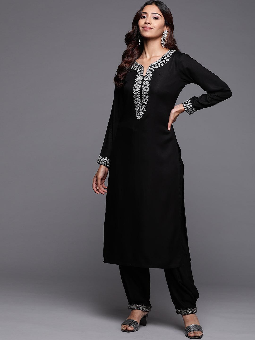 Black Embroidered Pashmina Wool Straight Kurta - Libas