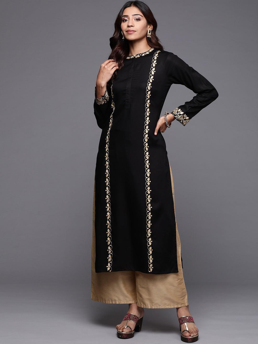 Black Embroidered Pashmina Wool Straight Kurta - Libas