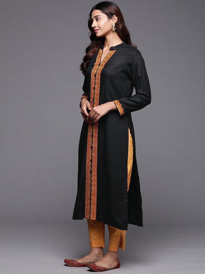 Black Embroidered Pashmina Wool Straight Kurta - Libas