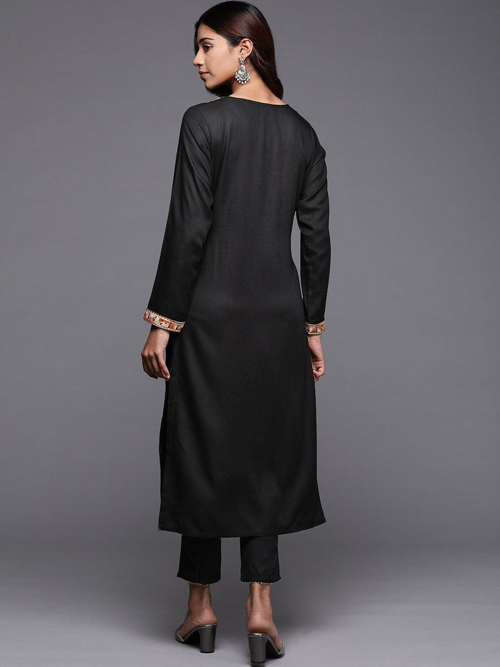 Black Embroidered Pashmina Wool Straight Kurta - Libas