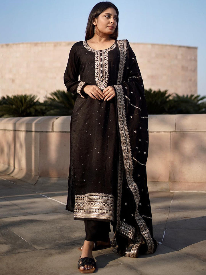 Black Embroidered Silk Blend Straight Suit Set - ShopLibas