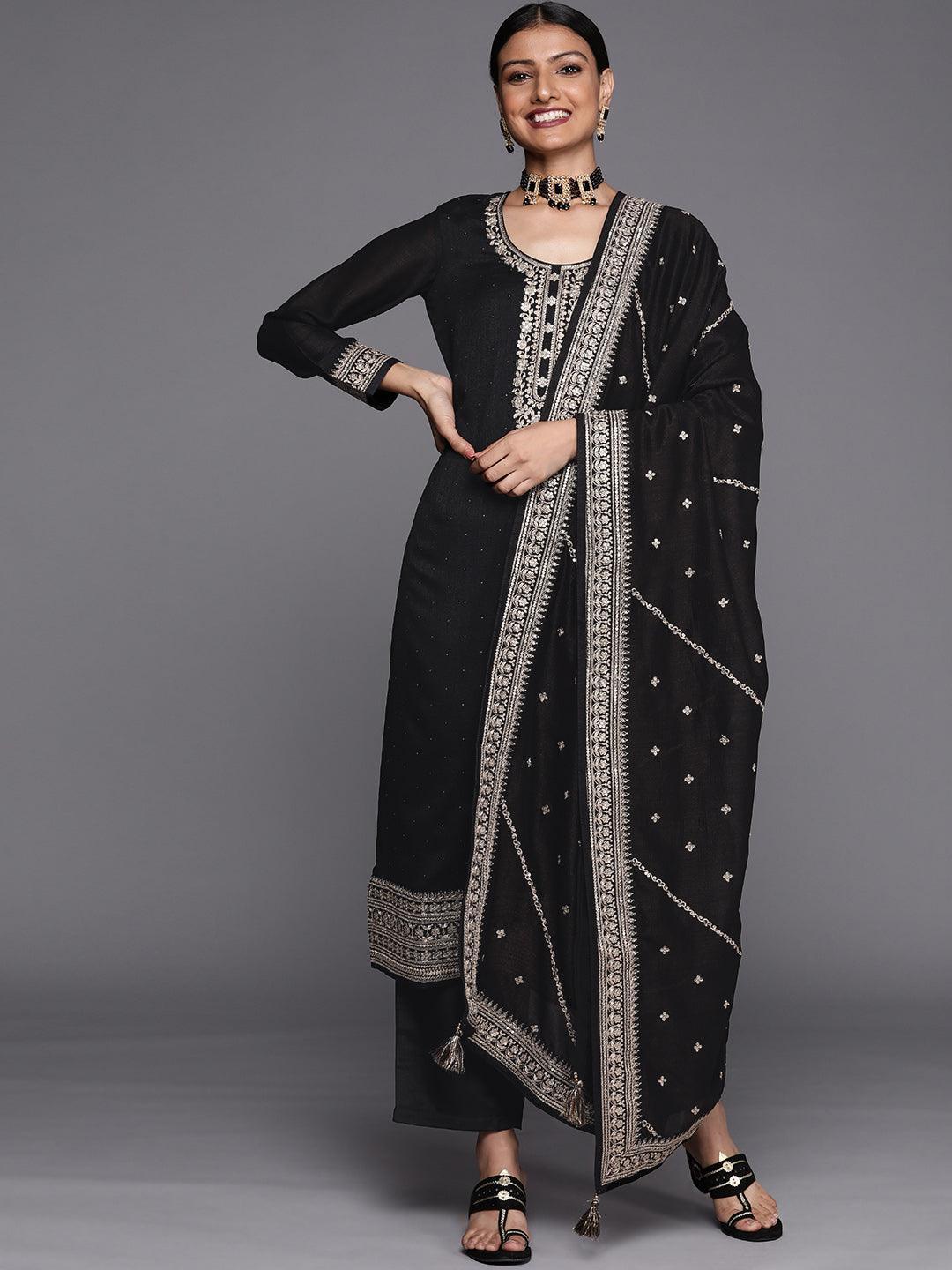Black Embroidered Silk Blend Straight Suit Set - ShopLibas