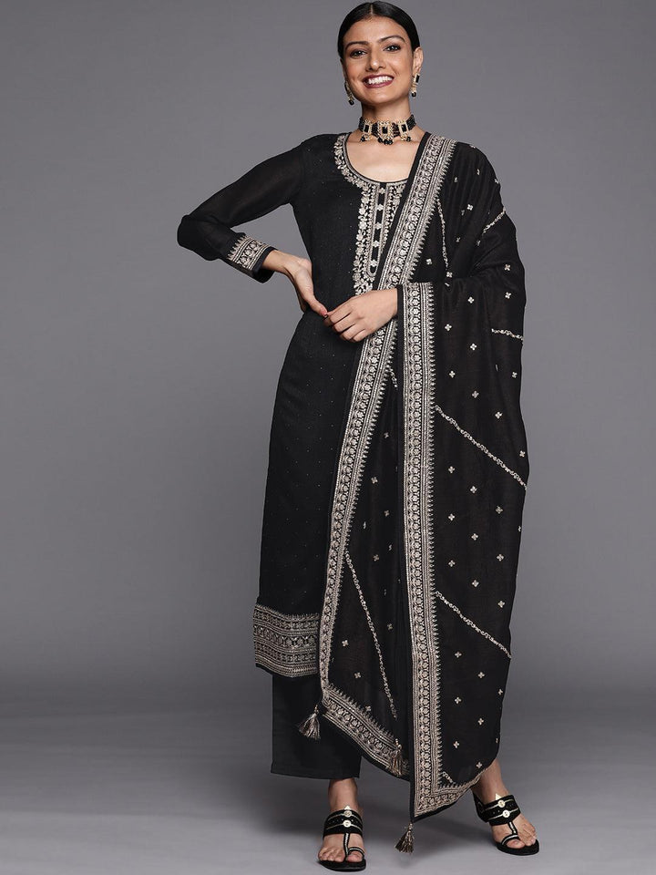 Black Embroidered Silk Blend Straight Suit Set - ShopLibas