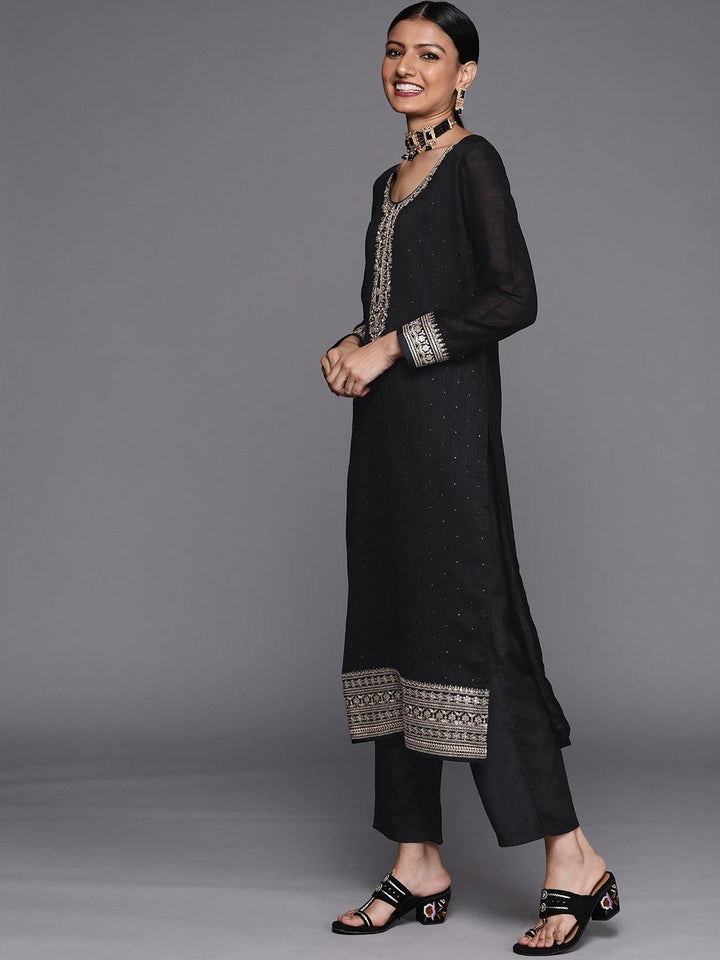 Black Embroidered Silk Blend Straight Suit Set - ShopLibas