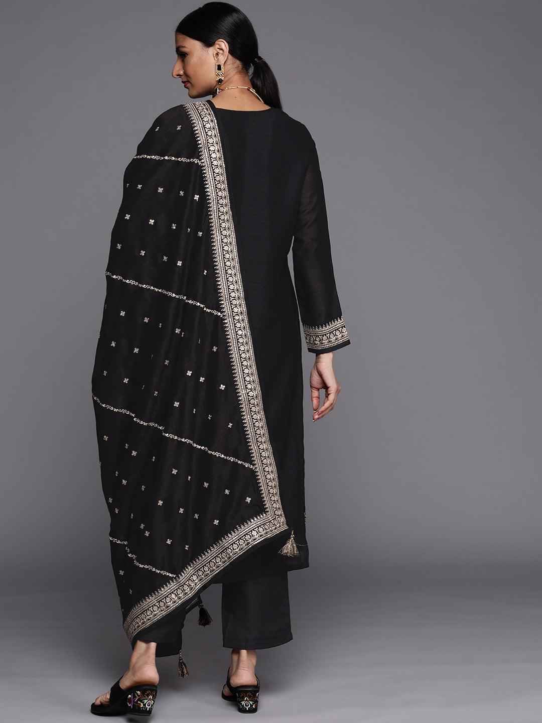 Black Embroidered Silk Blend Straight Suit Set - ShopLibas