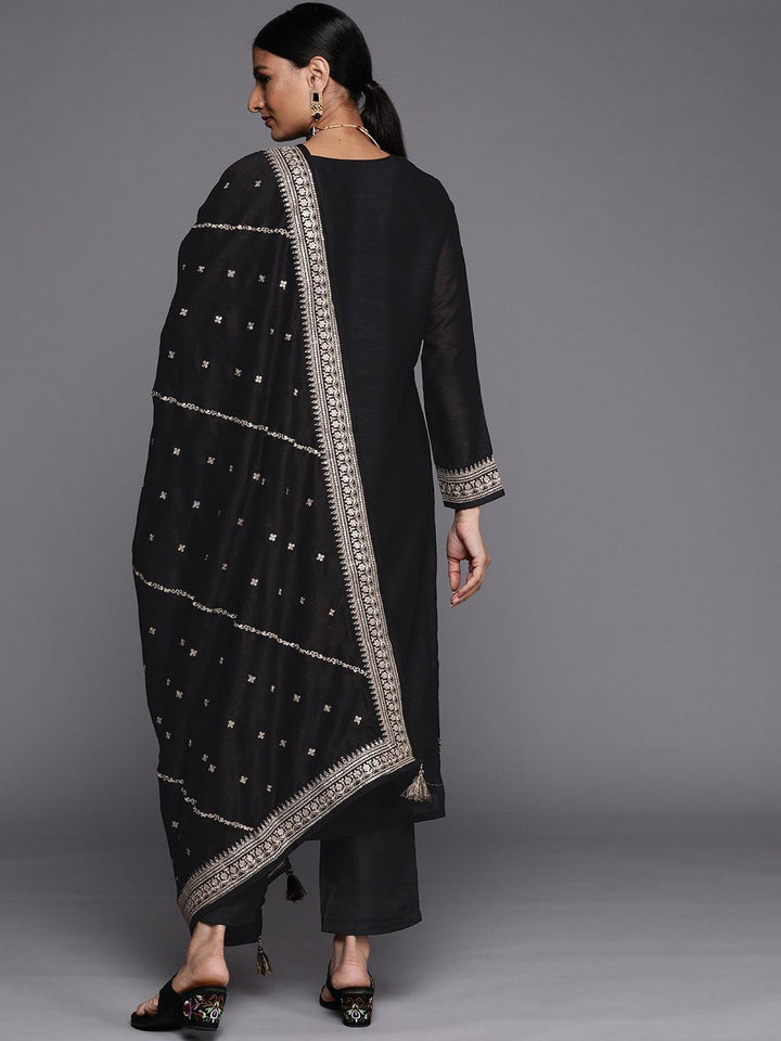 Black Embroidered Silk Blend Straight Suit Set - ShopLibas