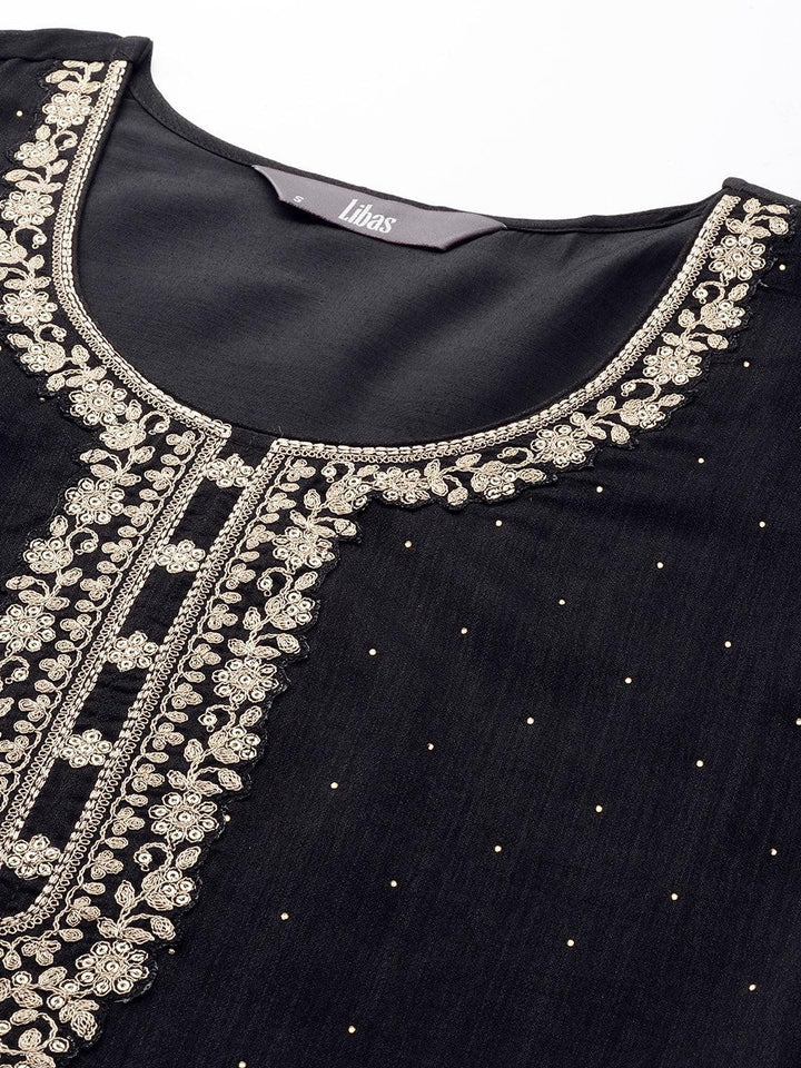 Black Embroidered Silk Blend Straight Suit Set - ShopLibas