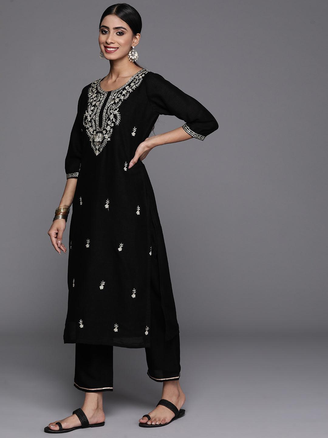 Black Embroidered Silk Blend Straight Kurta With Trousers & Dupatta - Libas 