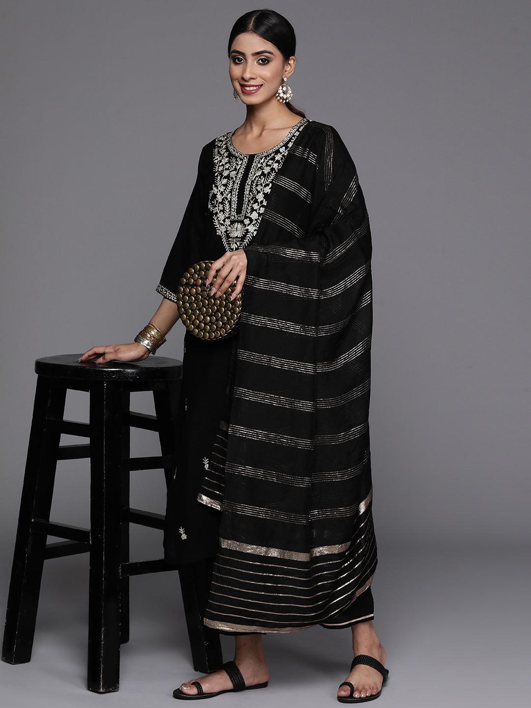 Black Embroidered Silk Blend Straight Kurta With Trousers & Dupatta - Libas 