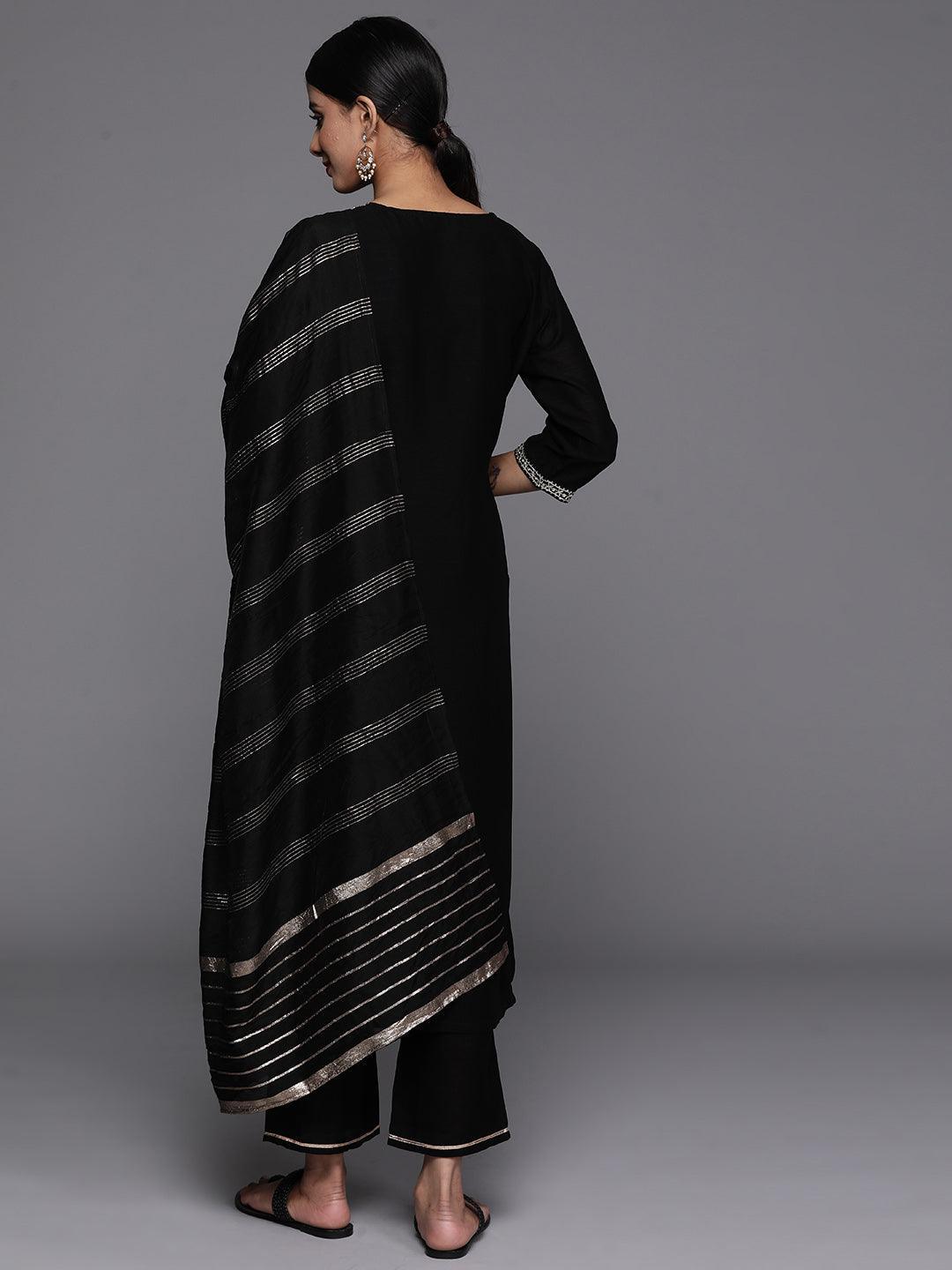 Black Embroidered Silk Blend Straight Kurta With Trousers & Dupatta - Libas 