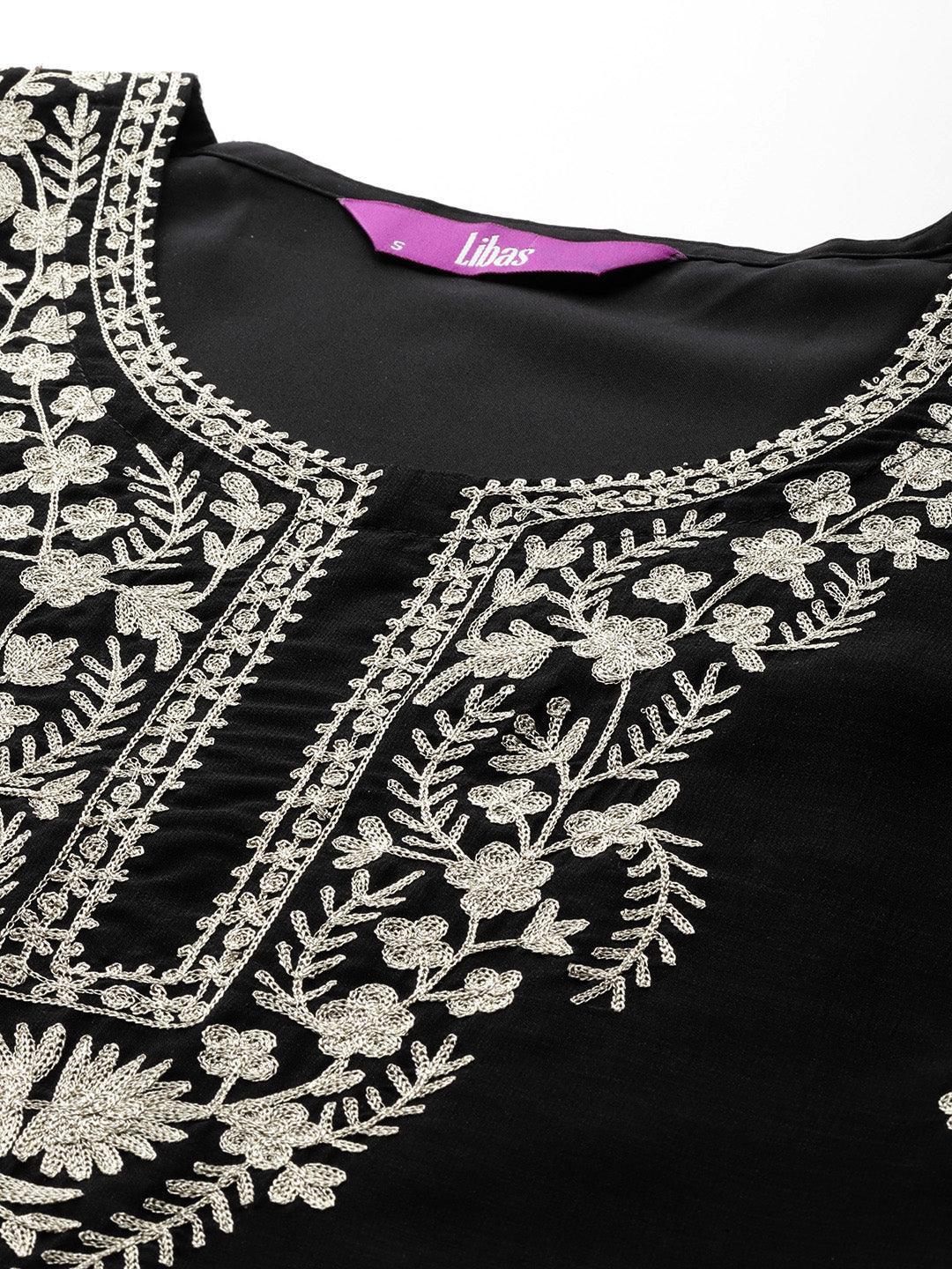 Black Embroidered Silk Blend Straight Kurta With Trousers & Dupatta - Libas 