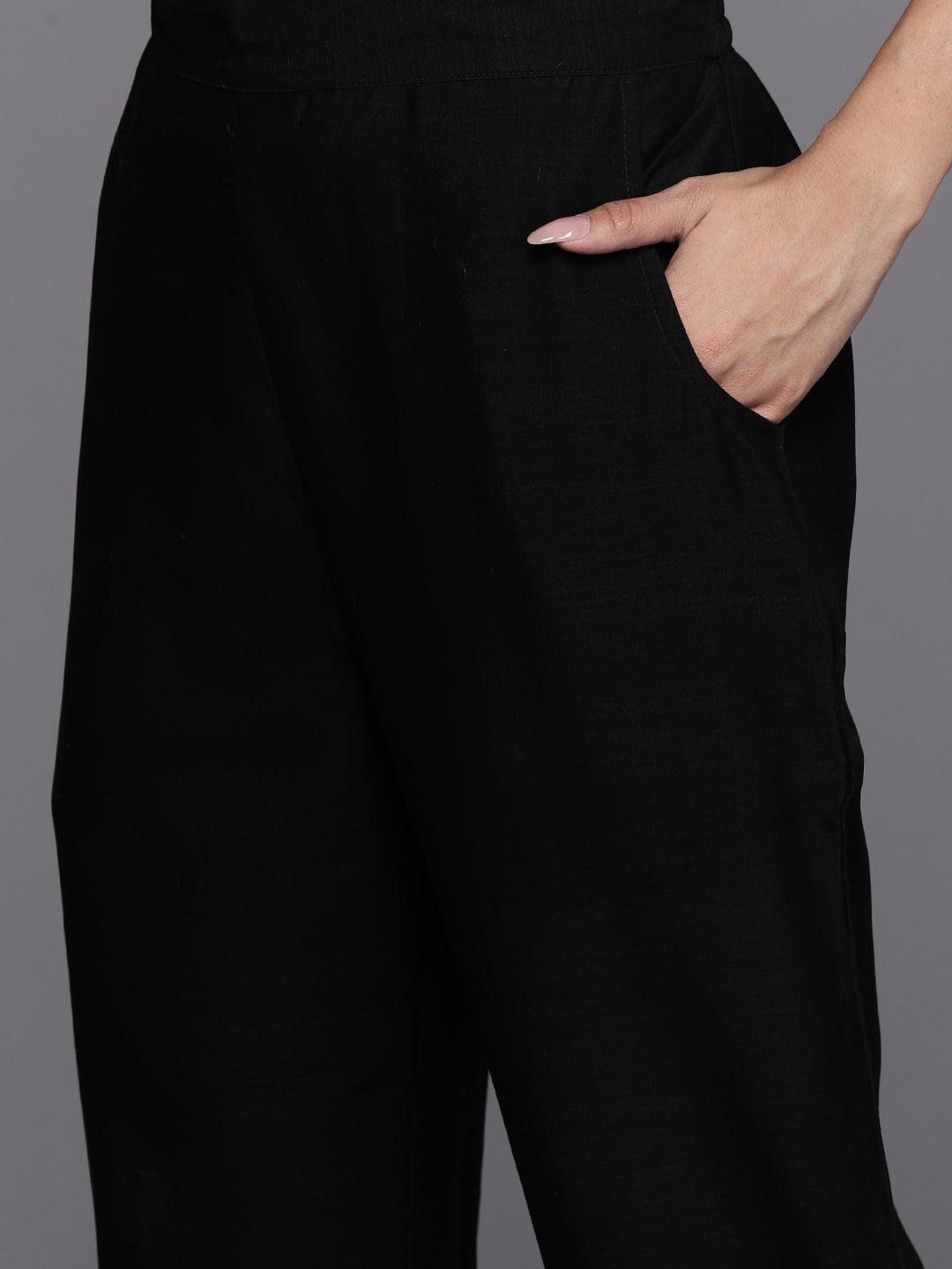 Black Embroidered Silk Blend Straight Kurta With Trousers & Dupatta - Libas 