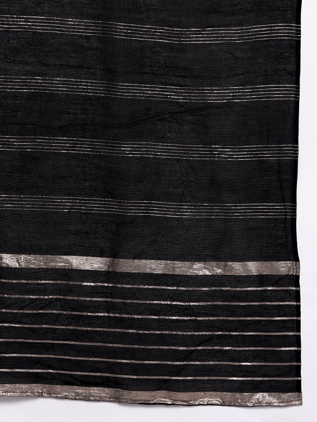 Black Embroidered Silk Blend Straight Kurta With Trousers & Dupatta - Libas 