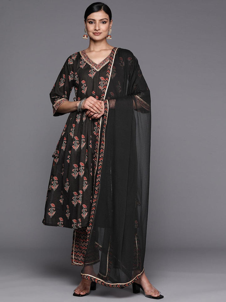 Black Printed Cotton A-Line Suit Set With Trousers