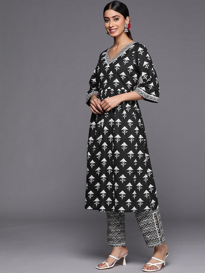 Black Printed Cotton A-Line Suit Set With Trousers