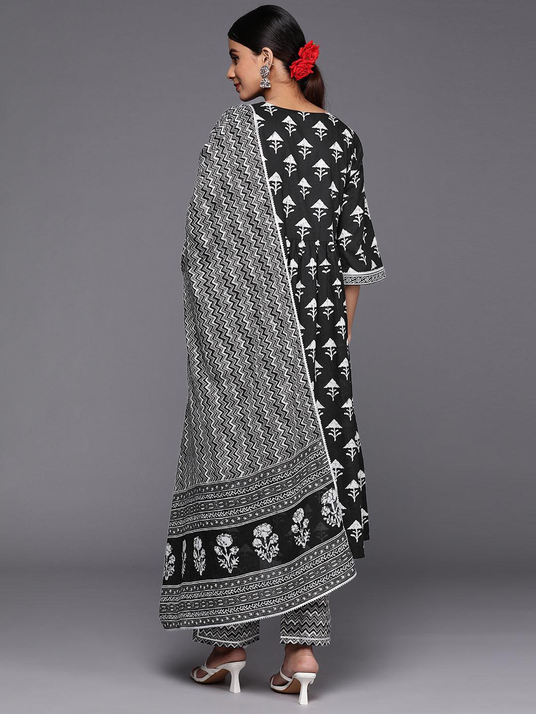 Black Printed Cotton A-Line Suit Set With Trousers - ShopLibas 