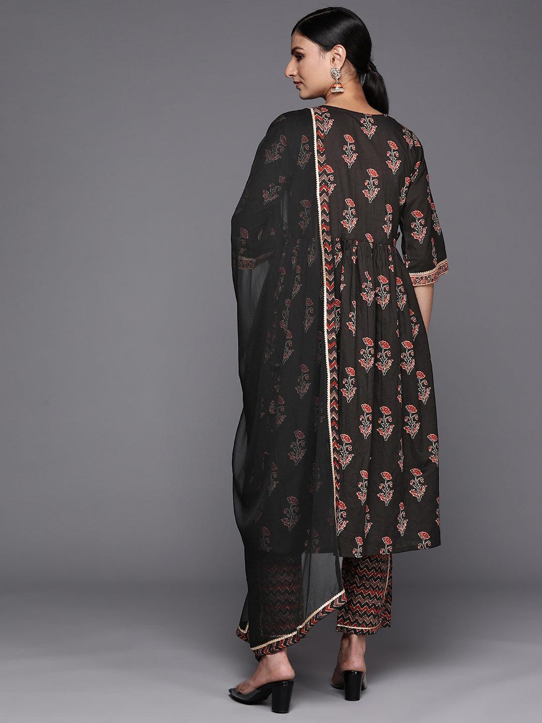 Black Printed Cotton A-Line Suit Set With Trousers - ShopLibas 
