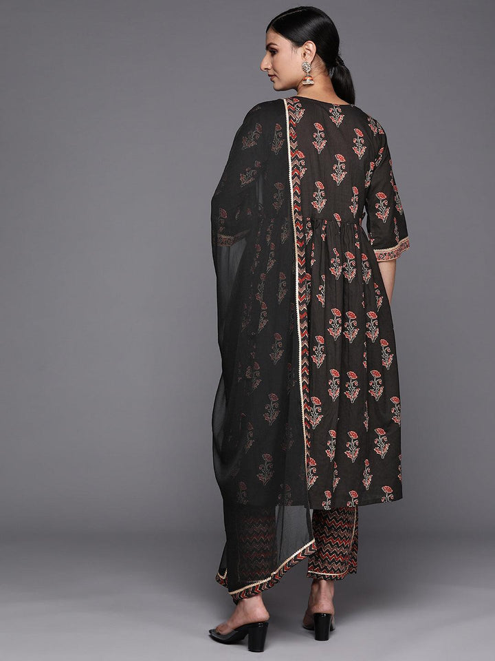 Black Printed Cotton A-Line Suit Set With Trousers