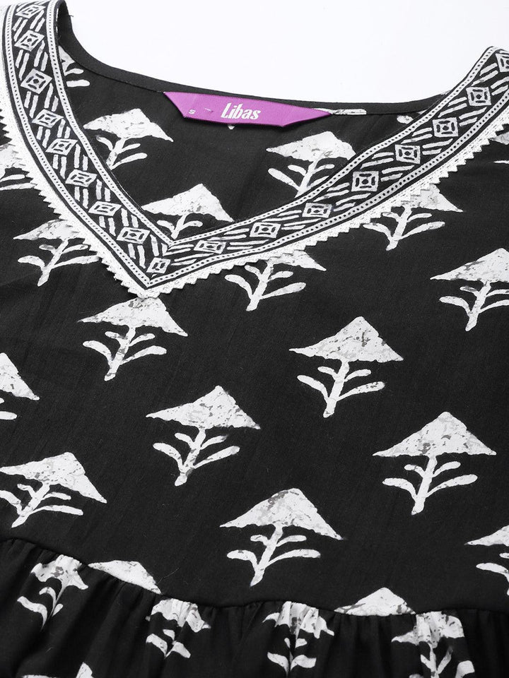 Black Printed Cotton A-Line Suit Set With Trousers