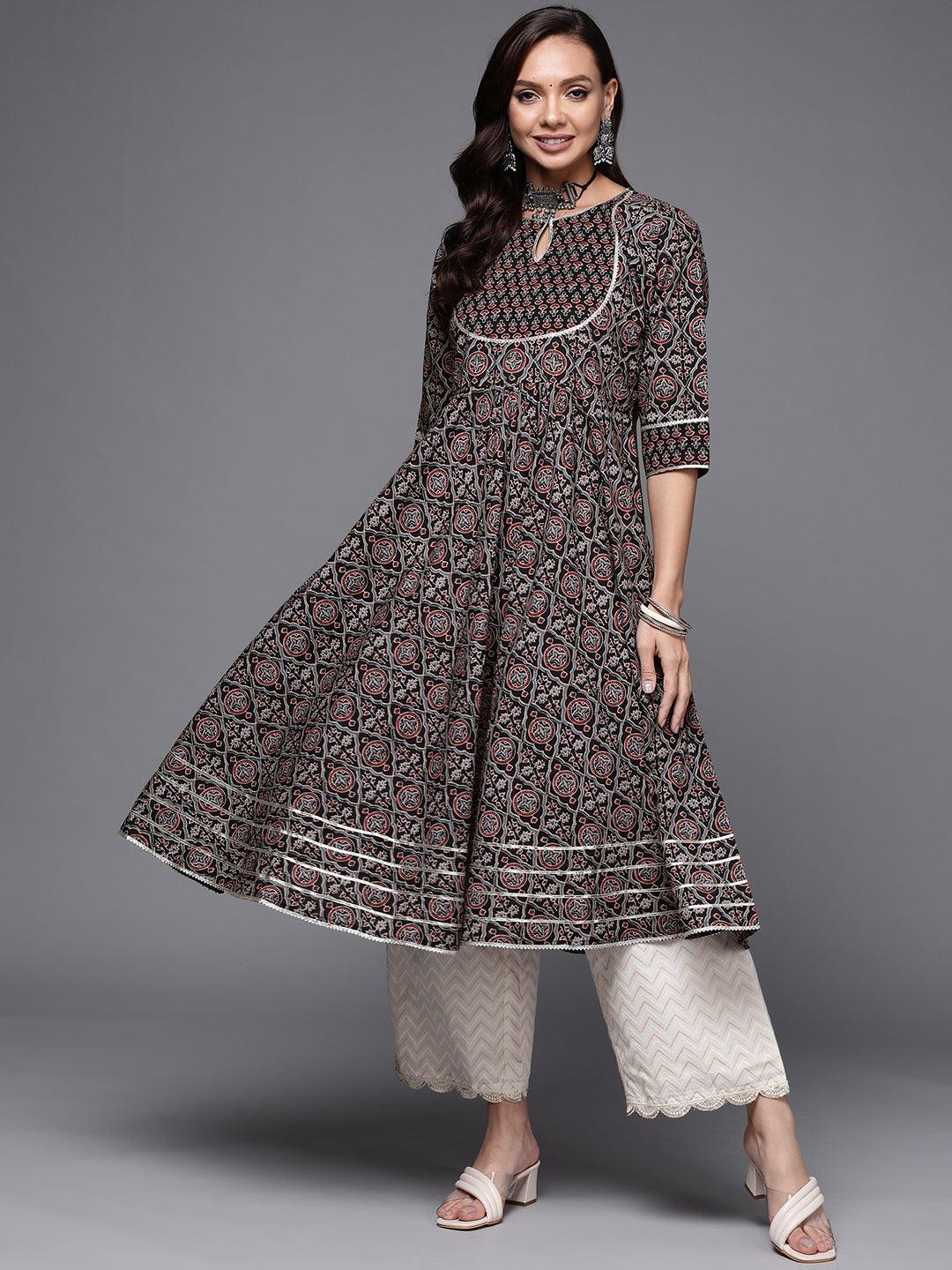 Black Printed Cotton Anarkali Kurta - ShopLibas