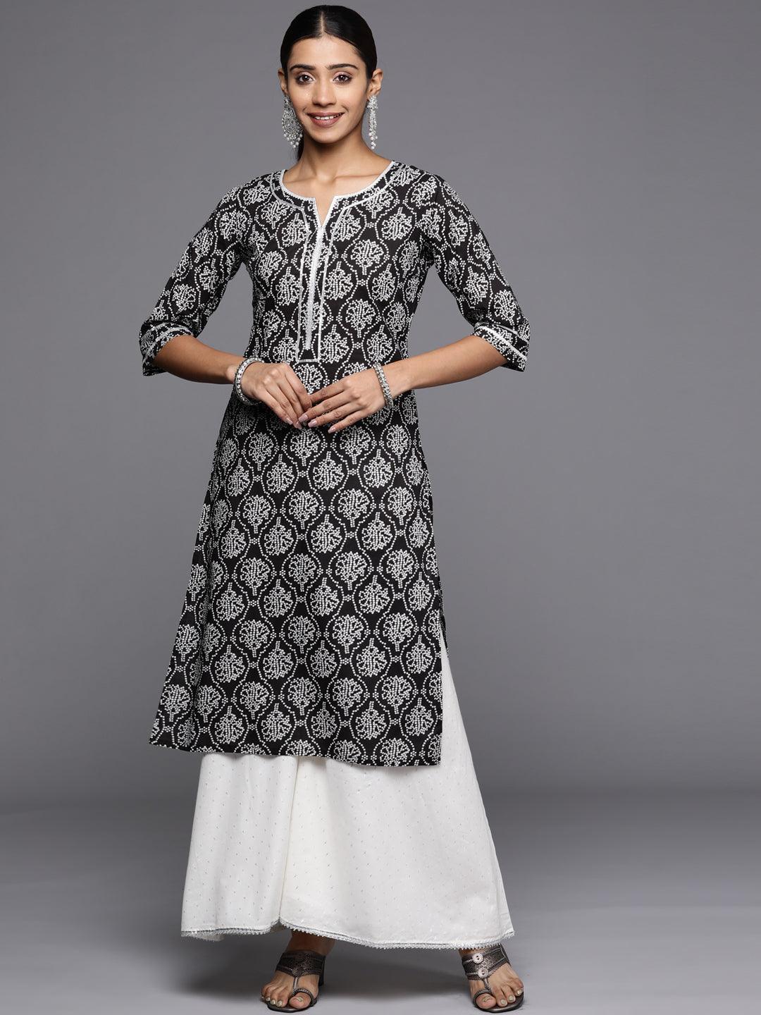 Black Printed Cotton Straight Kurta - ShopLibas