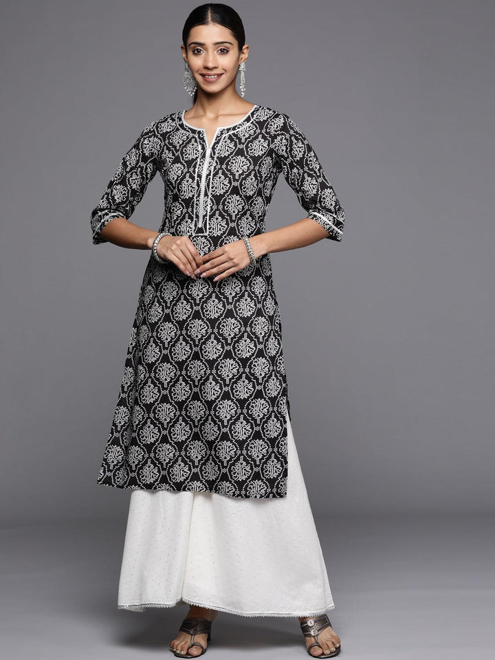 Black Printed Cotton Straight Kurta - ShopLibas