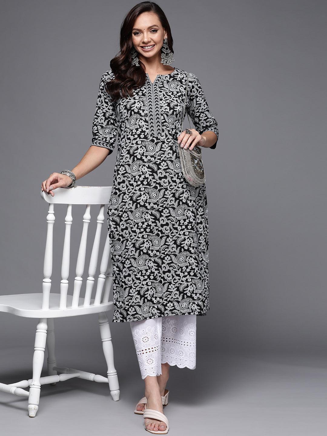 Black Printed Cotton Straight Kurta - ShopLibas