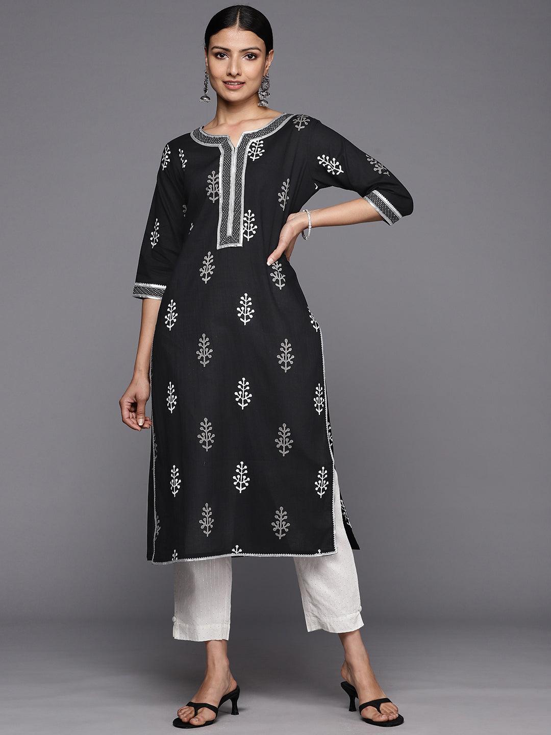 Black Printed Cotton Straight Kurta - ShopLibas