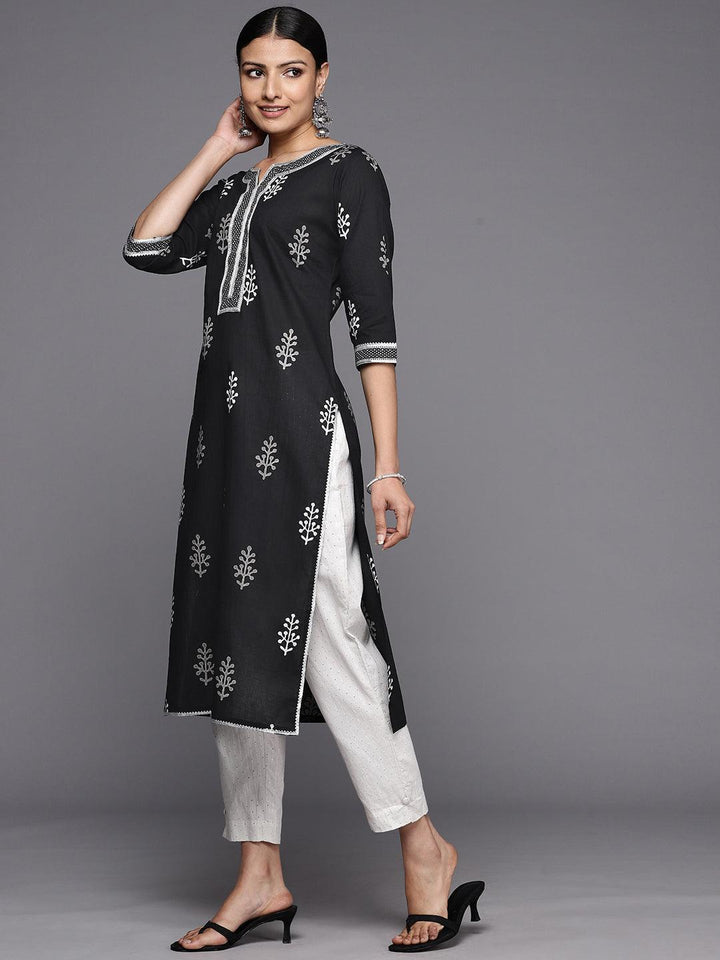 Black Printed Cotton Straight Kurta
