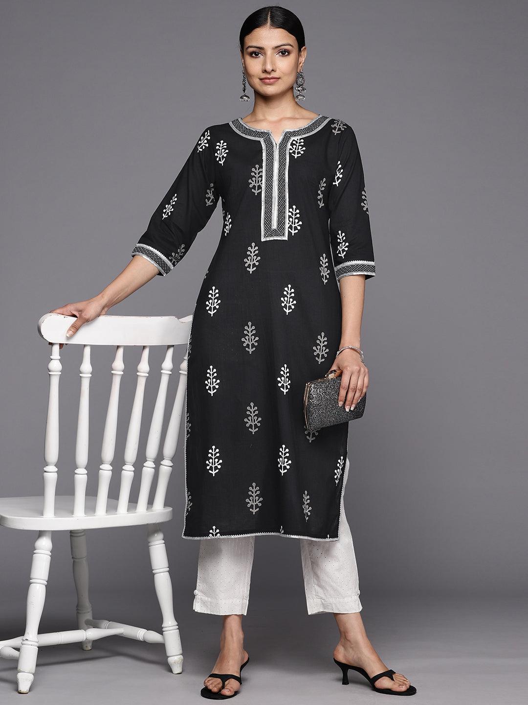 Black Printed Cotton Straight Kurta - ShopLibas 