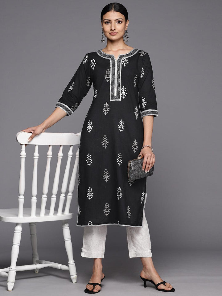 Black Printed Cotton Straight Kurta