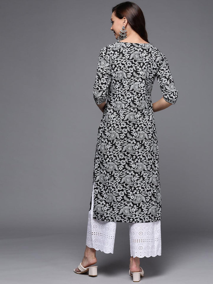 Black Printed Cotton Straight Kurta - ShopLibas