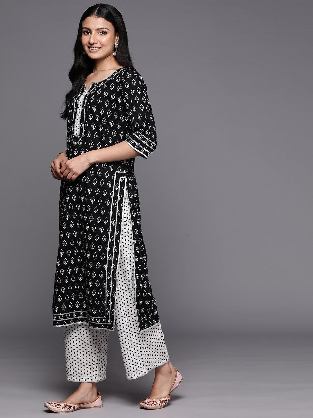 Black Printed Cotton Straight Suit Set With Palazzos - ShopLibas 