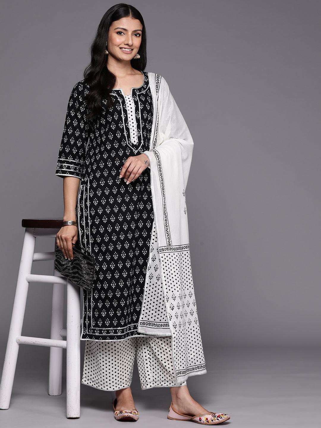 Black Printed Cotton Straight Suit Set With Palazzos - ShopLibas 