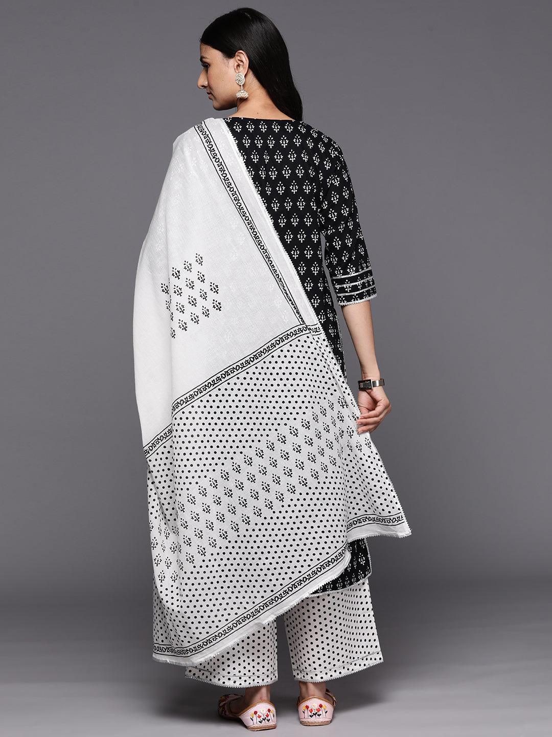 Black Printed Cotton Straight Suit Set With Palazzos - ShopLibas 