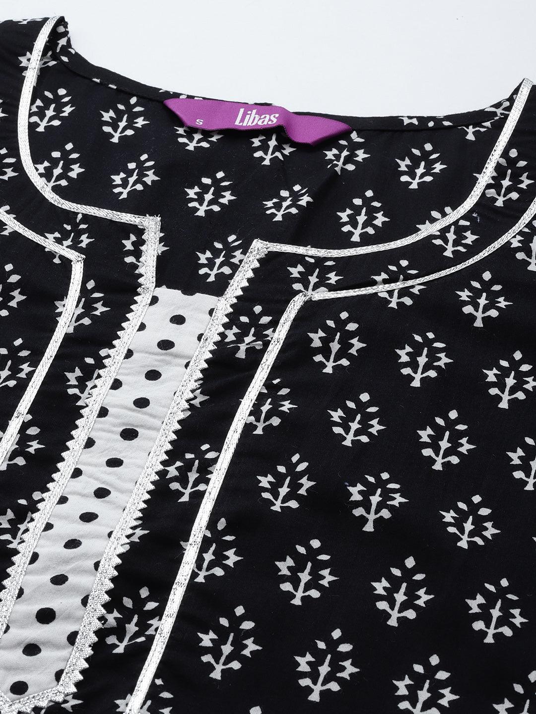 Black Printed Cotton Straight Suit Set With Palazzos - ShopLibas 