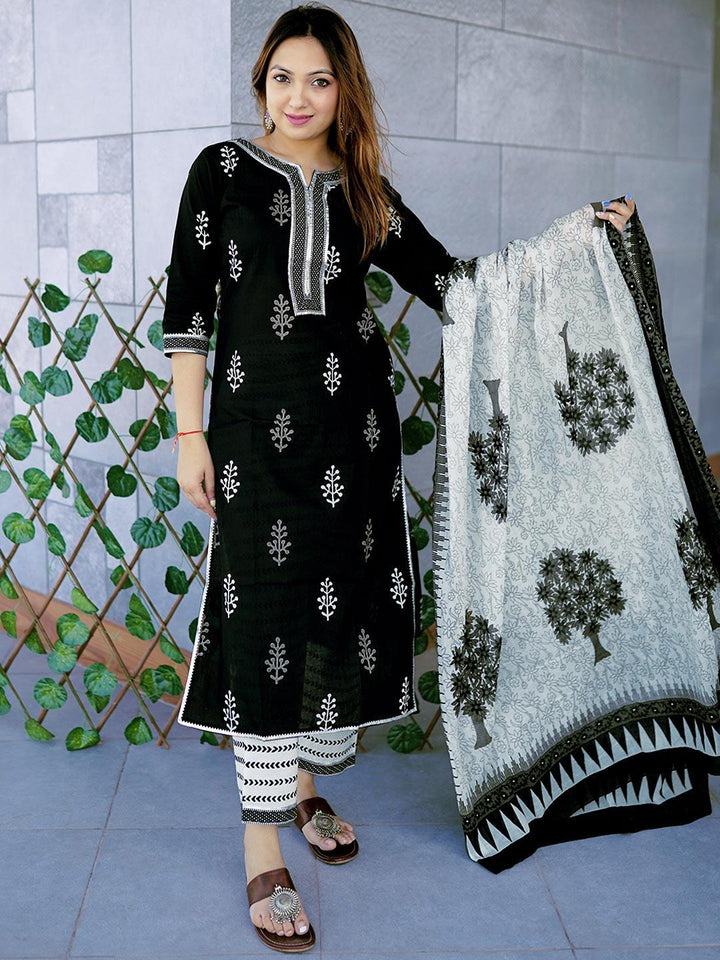 Black Printed Cotton Straight Suit Set With Trousers