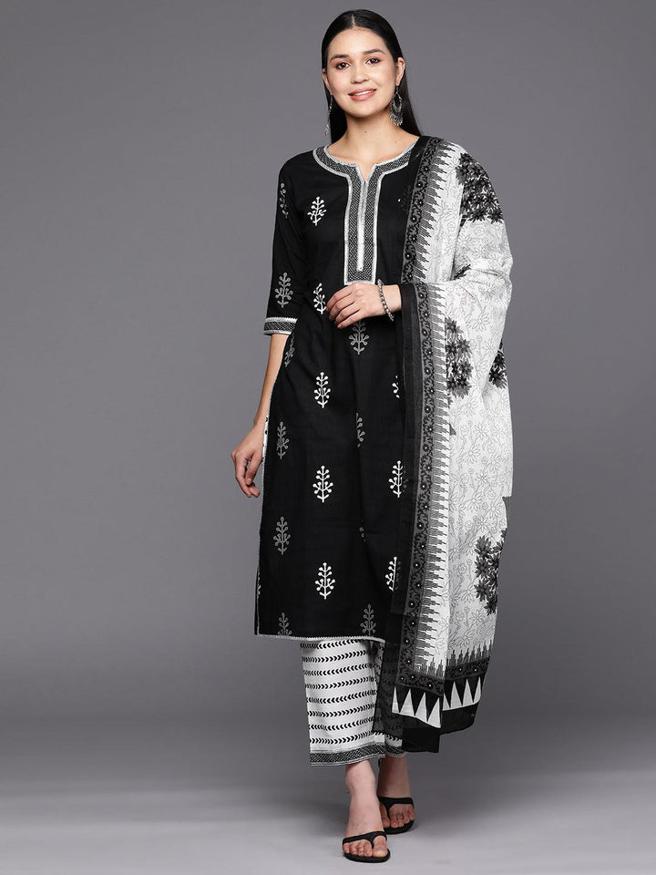 Black Printed Cotton Straight Suit Set With Trousers
