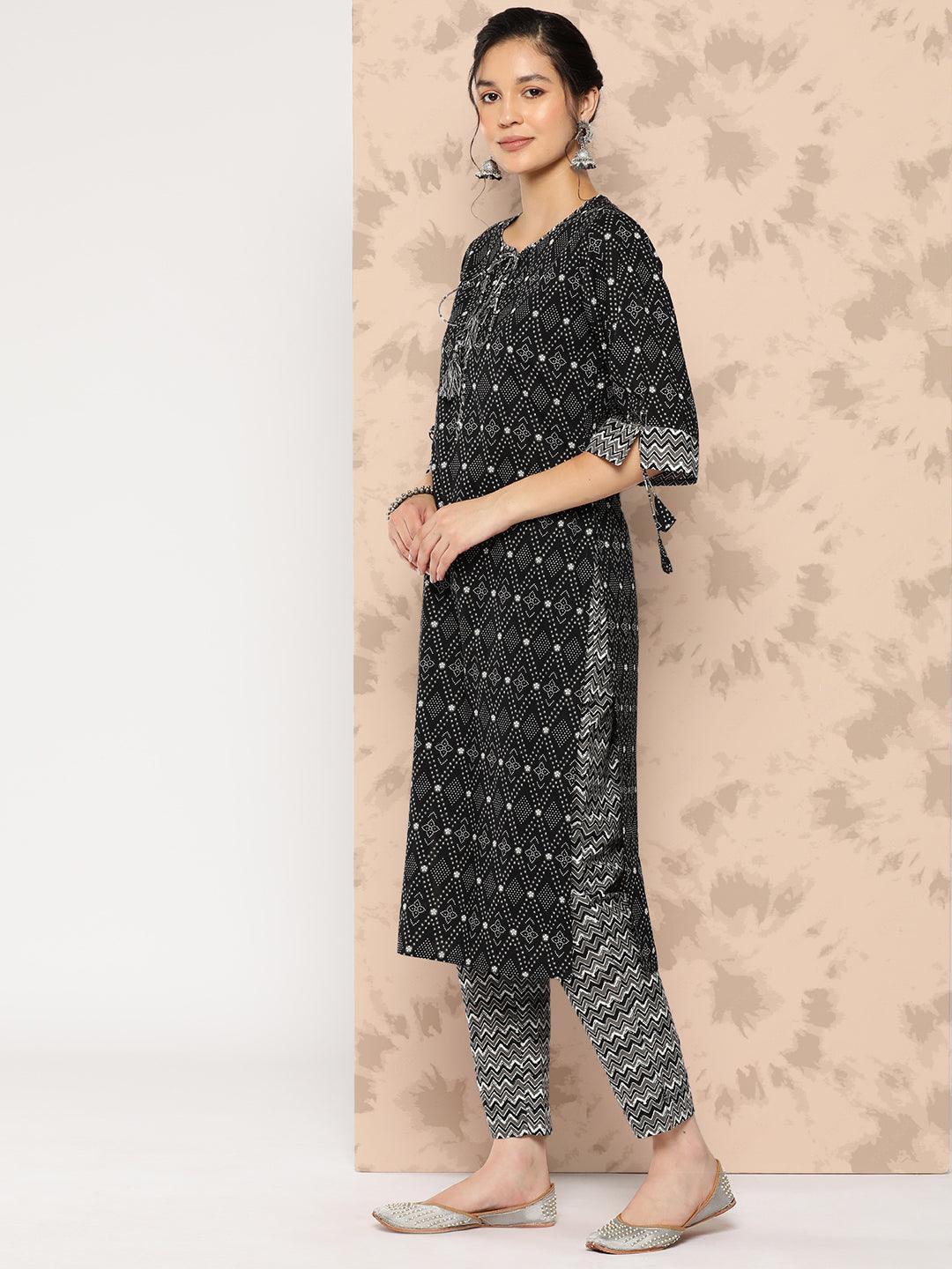 Black Printed Cotton Straight Kurta With Trousers and Dupatta - Libas 